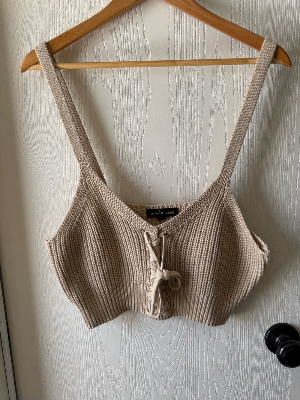 Neutral Lace-Up Knit Crop Tank Top